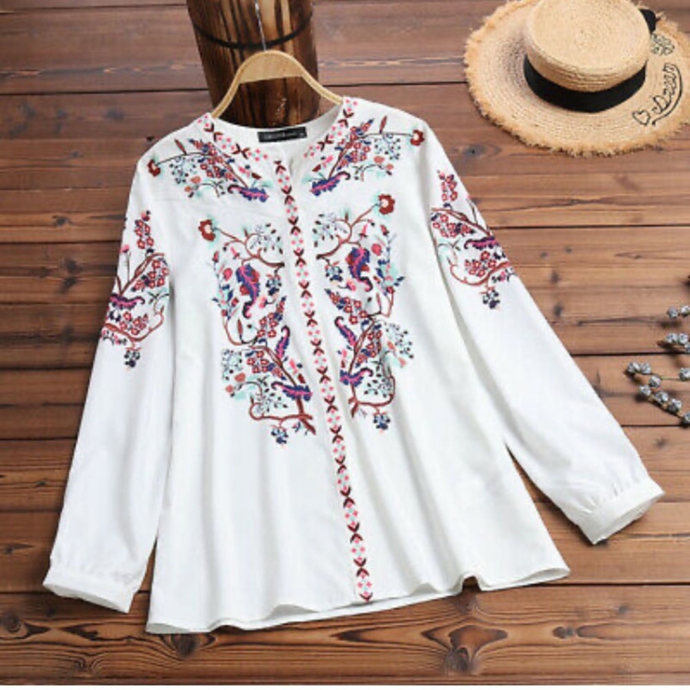 Zanzea New White Embroidered Long Sleeve Top XL